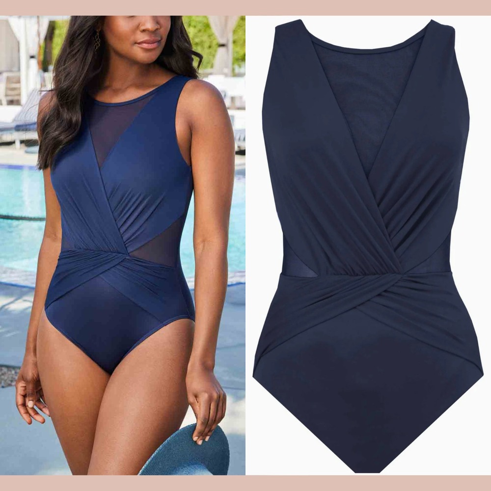 NWT $176 Miraclesuit [ 14 ] Illusionist Palma One-Piece‎ Swimsuit in Blue #7060